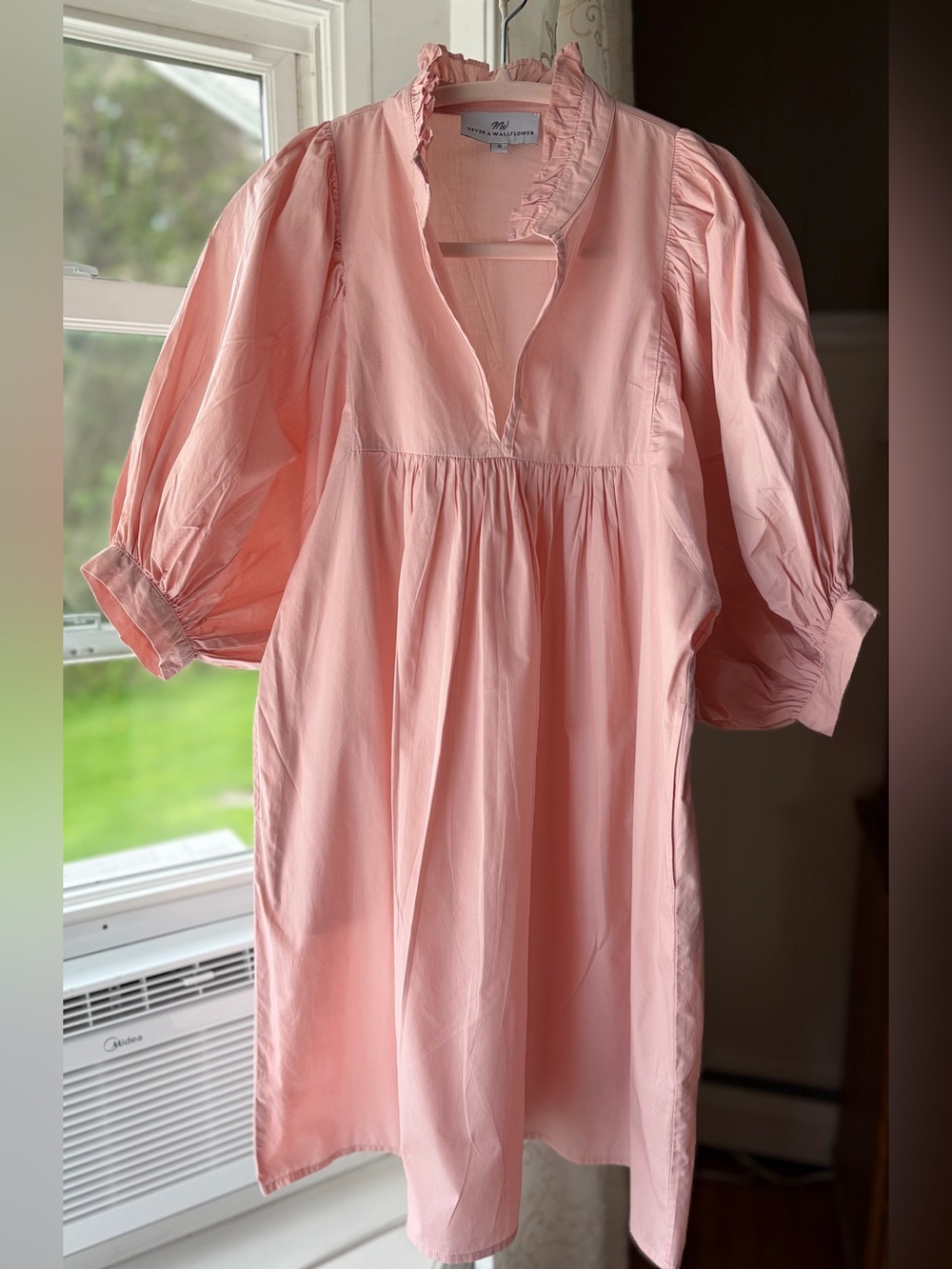 Never a Wallflower Soft Pink Cotton Ruffle Neck Babydoll Dress Feminine Sz S EUC - Picture 1 of 4